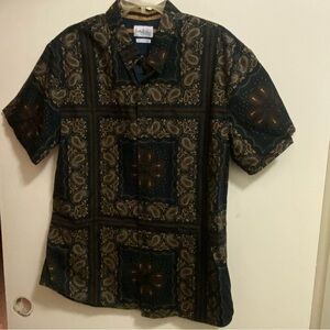 Haiku Collective Mens Button Up Shirt XL 46” Paisley Black Brown Beige Print